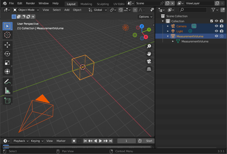 Measurement technique default.blend opened in ``Blender``