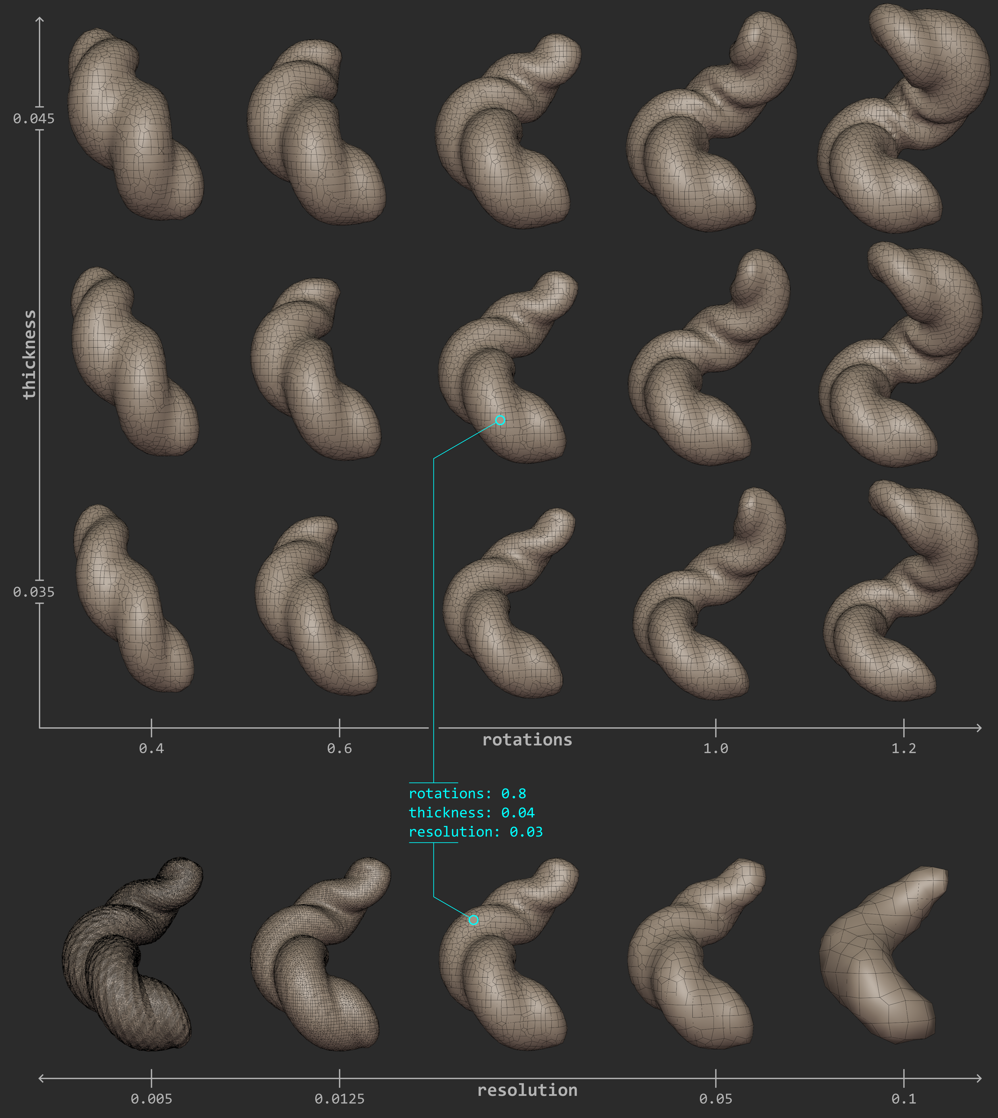 Different worm shapes by feature manipulation